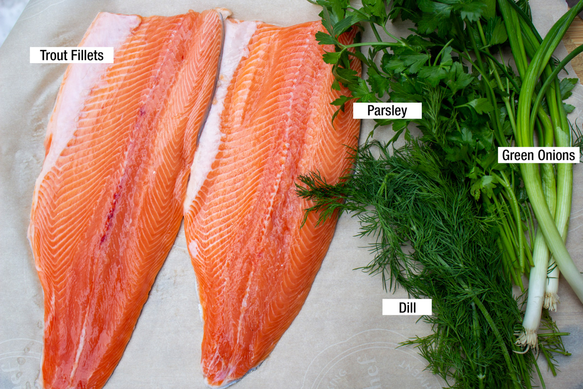 two large raw salmon fillets with bunch of herbs beside it on cutting board,