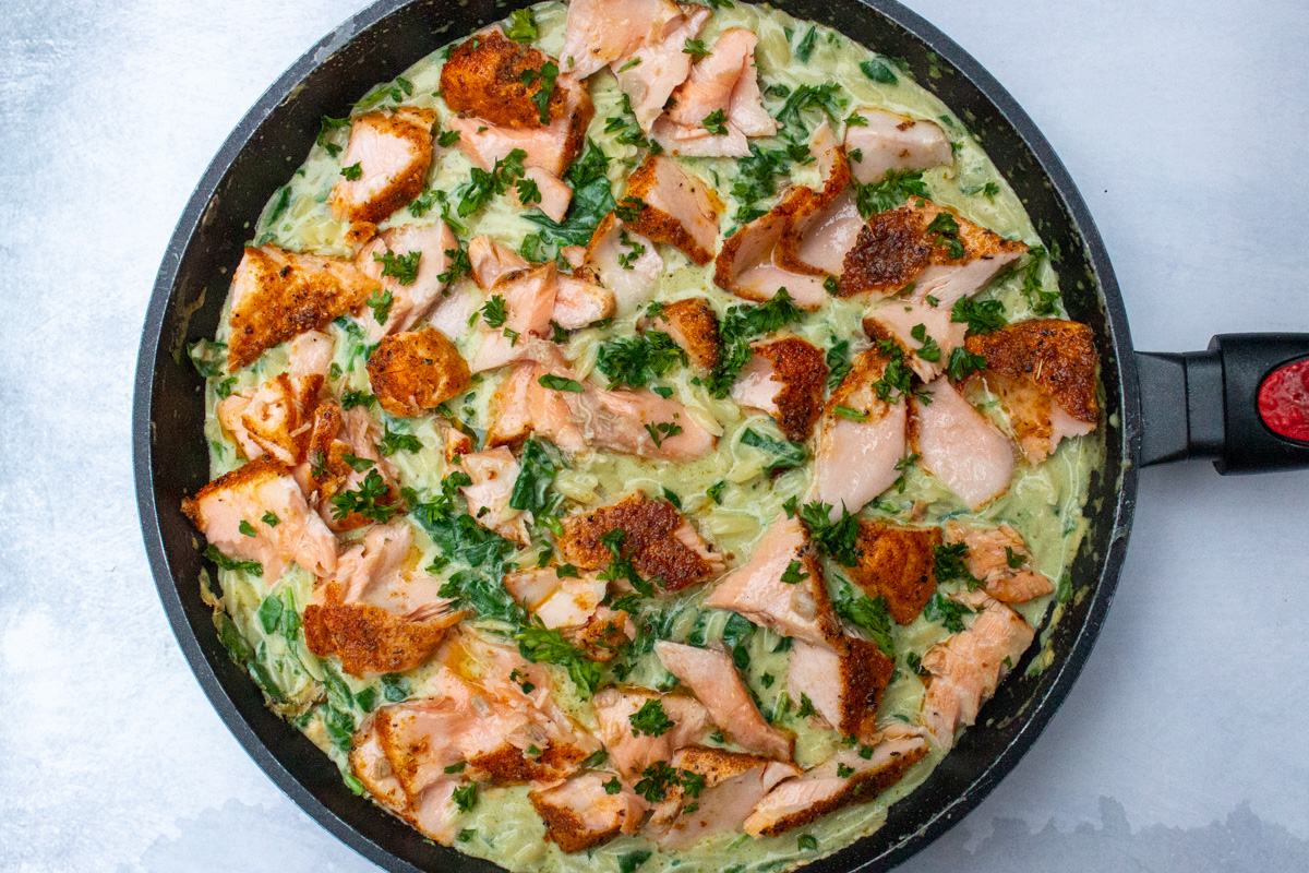 cut up cooked salmon placed over creamy orzo