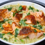 creamy salmon pasta in bowl