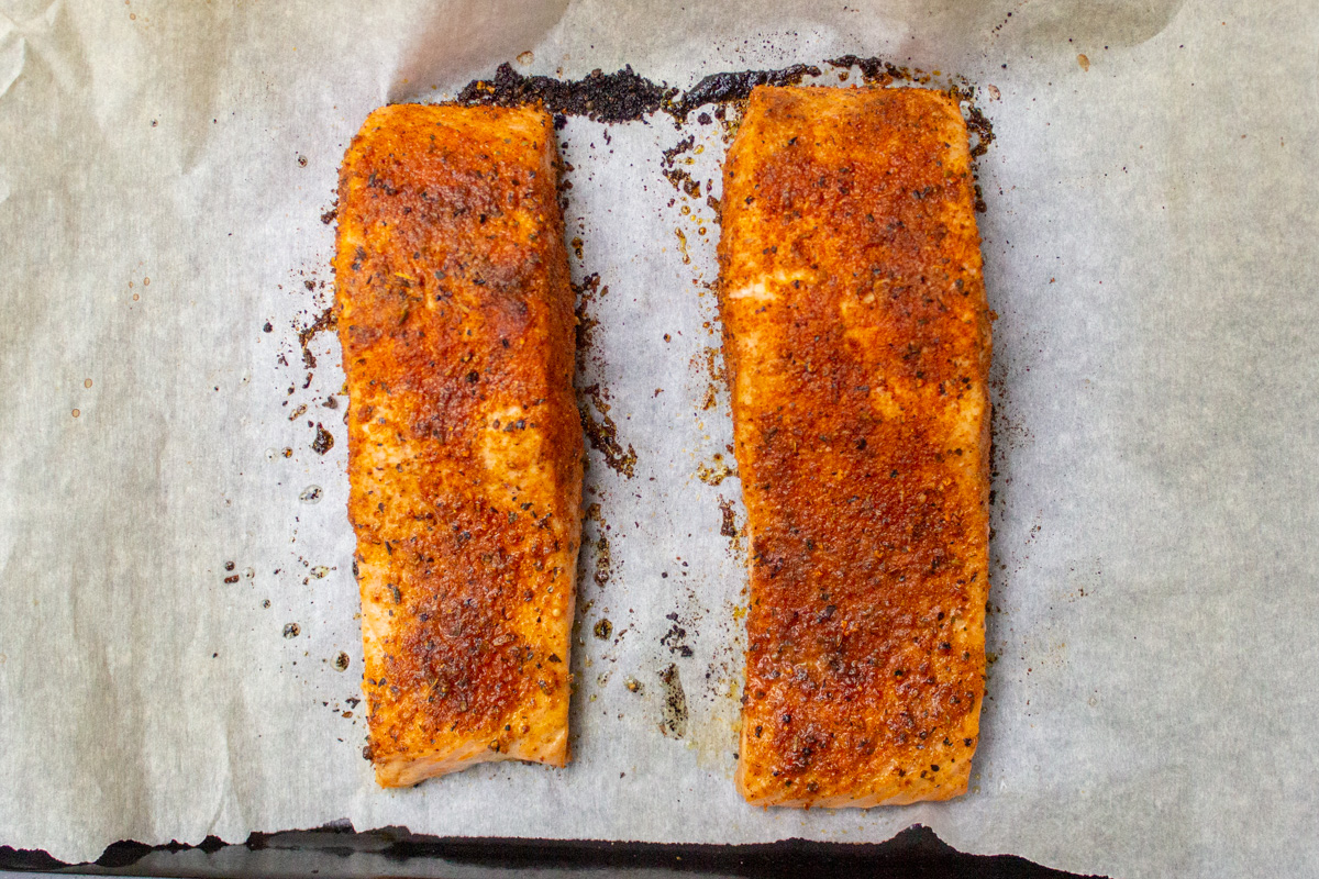 baked salmon fillets on pan