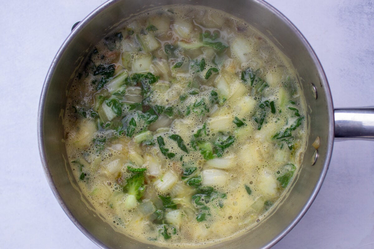 broth, veggies and onions in pot.