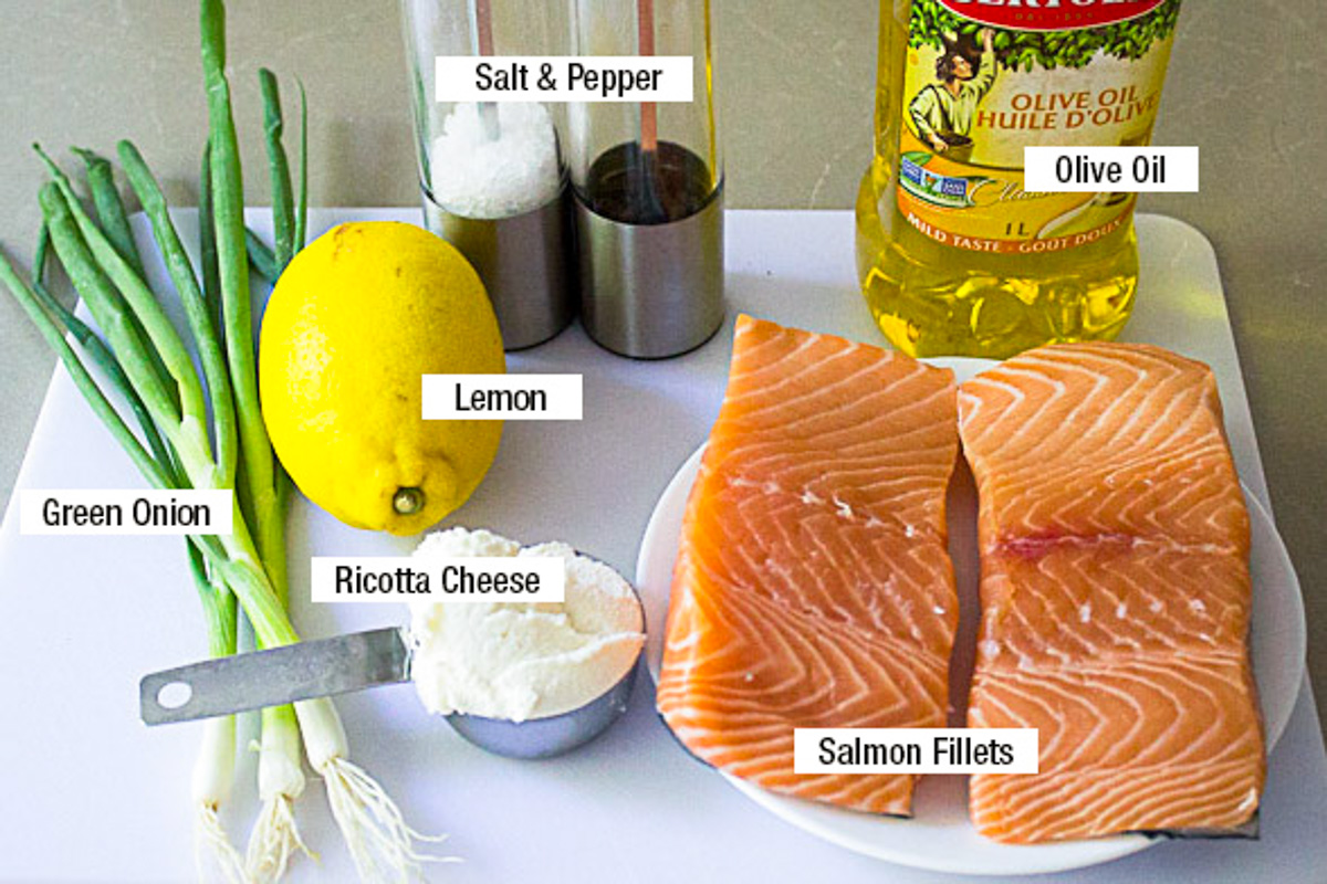 salmon fillets, lemon, ricotta, green onions, oil, salt, pepper