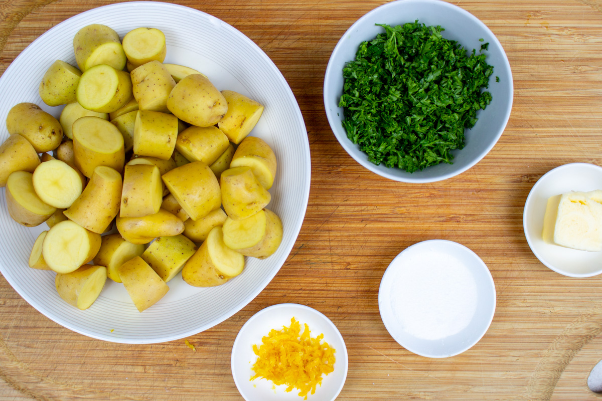 cut up potatoes, zest, salt, chopped parsley