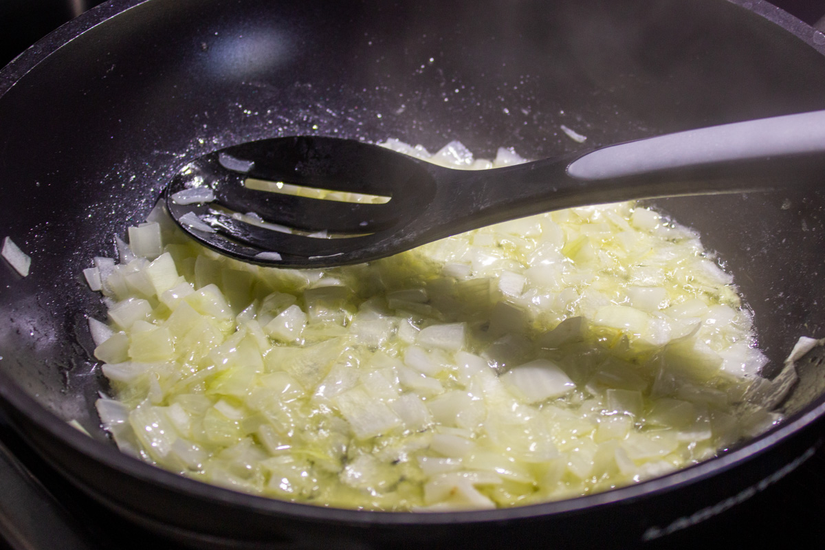 sauteed translucent onions in skillet