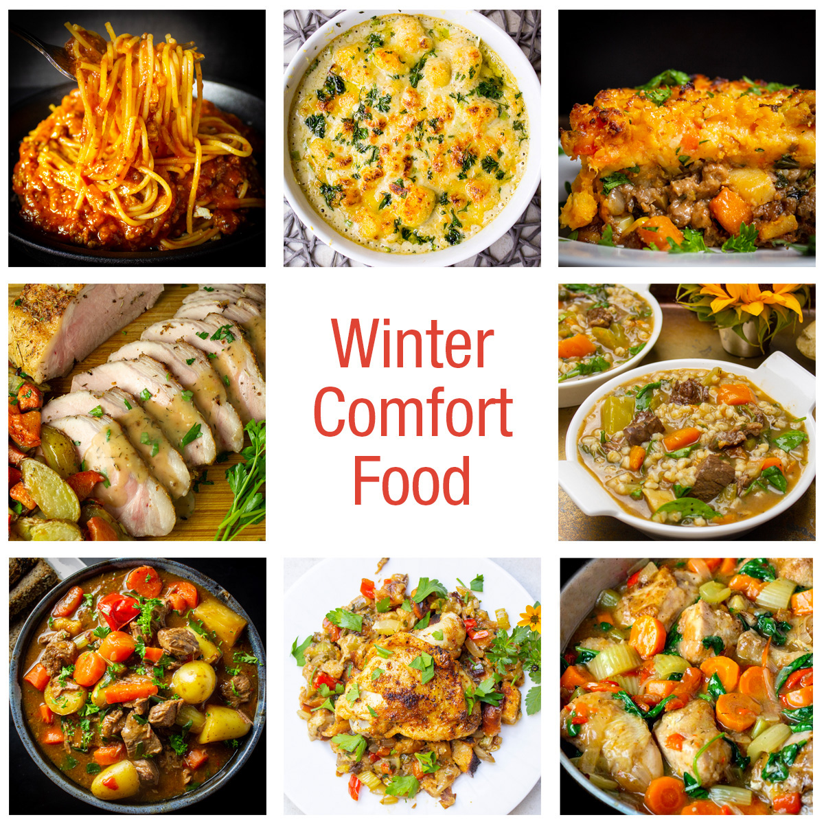 collage of winter comfort foods
