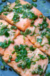 4 salmon pieces in pan with caper sauce