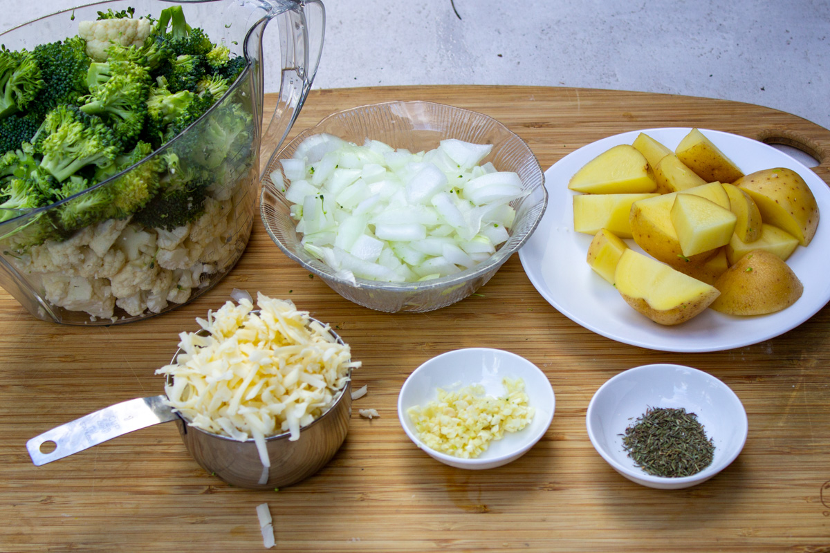 broccoli and cauliflower florets, onion, cheese, broth, garlic, seasonings.