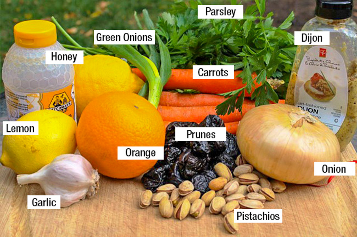 oranges, lemons, garlic, prunes, onion, pistachios, carrots, green onions, parsley.