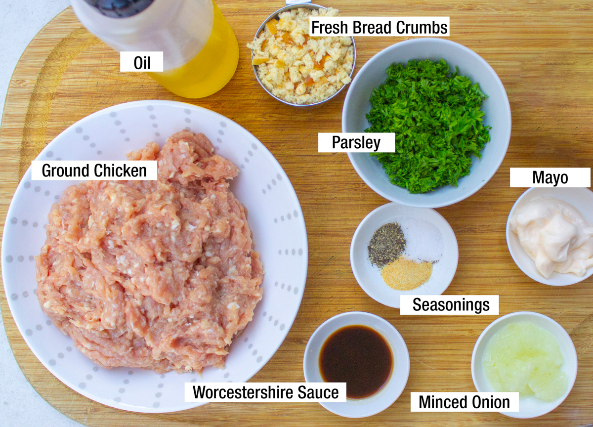 ground chicken, parsley, mayo, worcestershire, minced onion, seasonings, fresh bread crumbs.