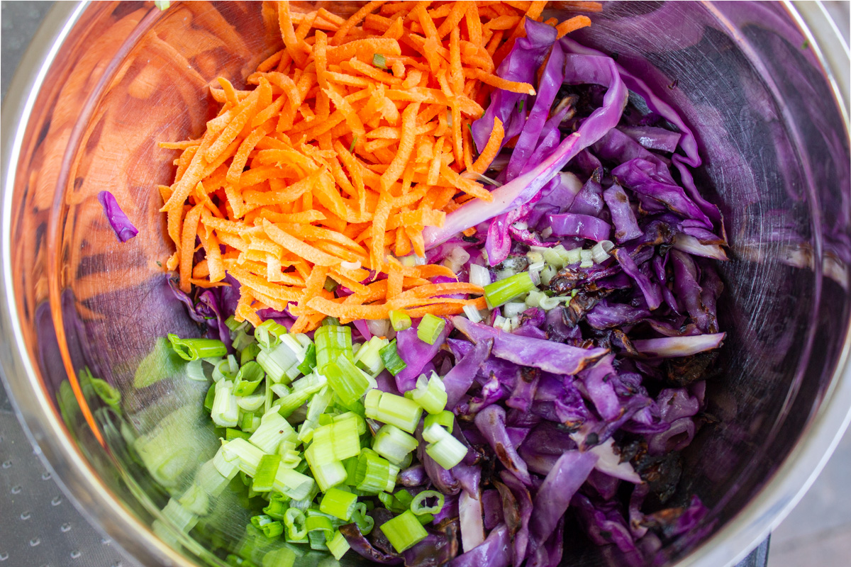 matchstick carrots, green onion and chopped purple cabbage in bowl.
