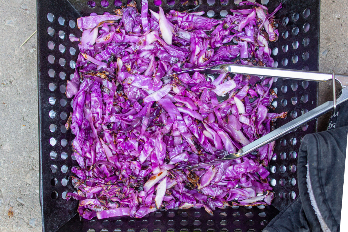 purple cabbage in grill basket.