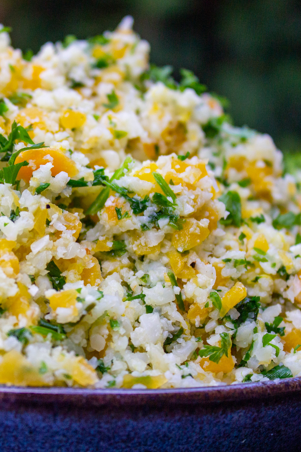 bowl of seasoned cauliflower rice and butternut squash on table.