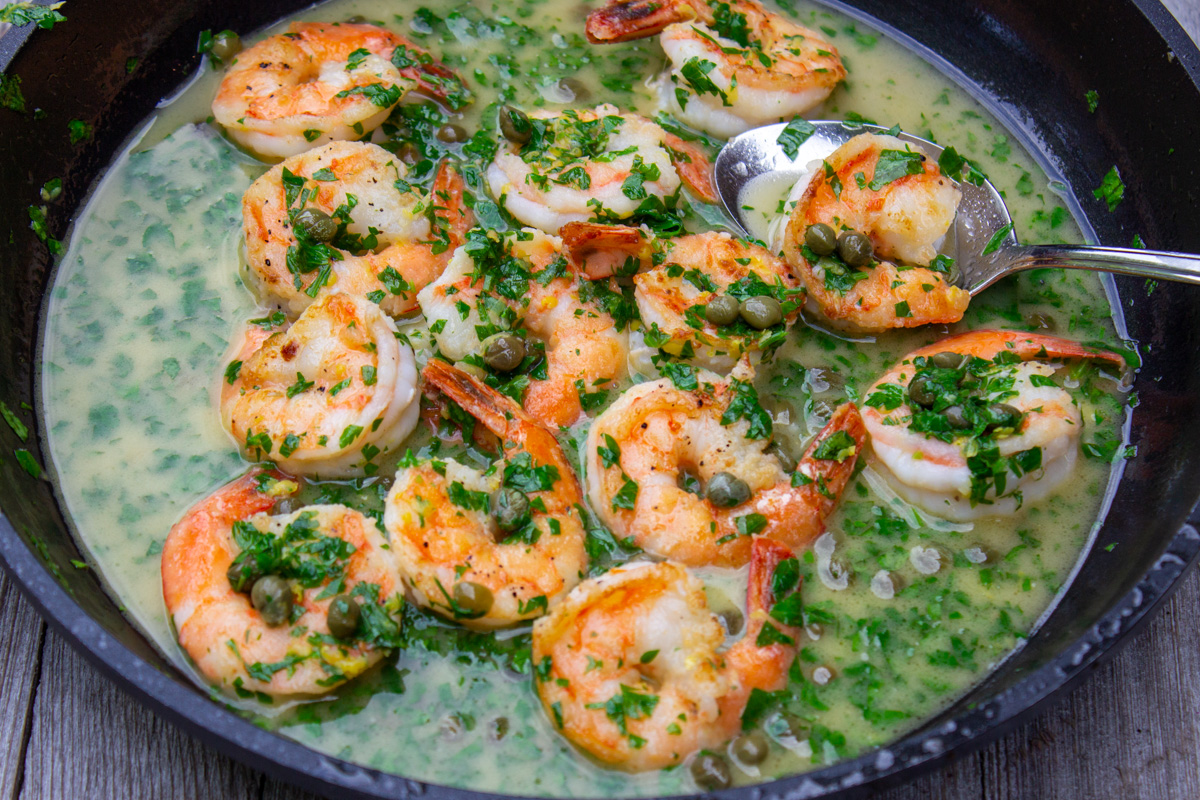 shrimp piccata in large pan.