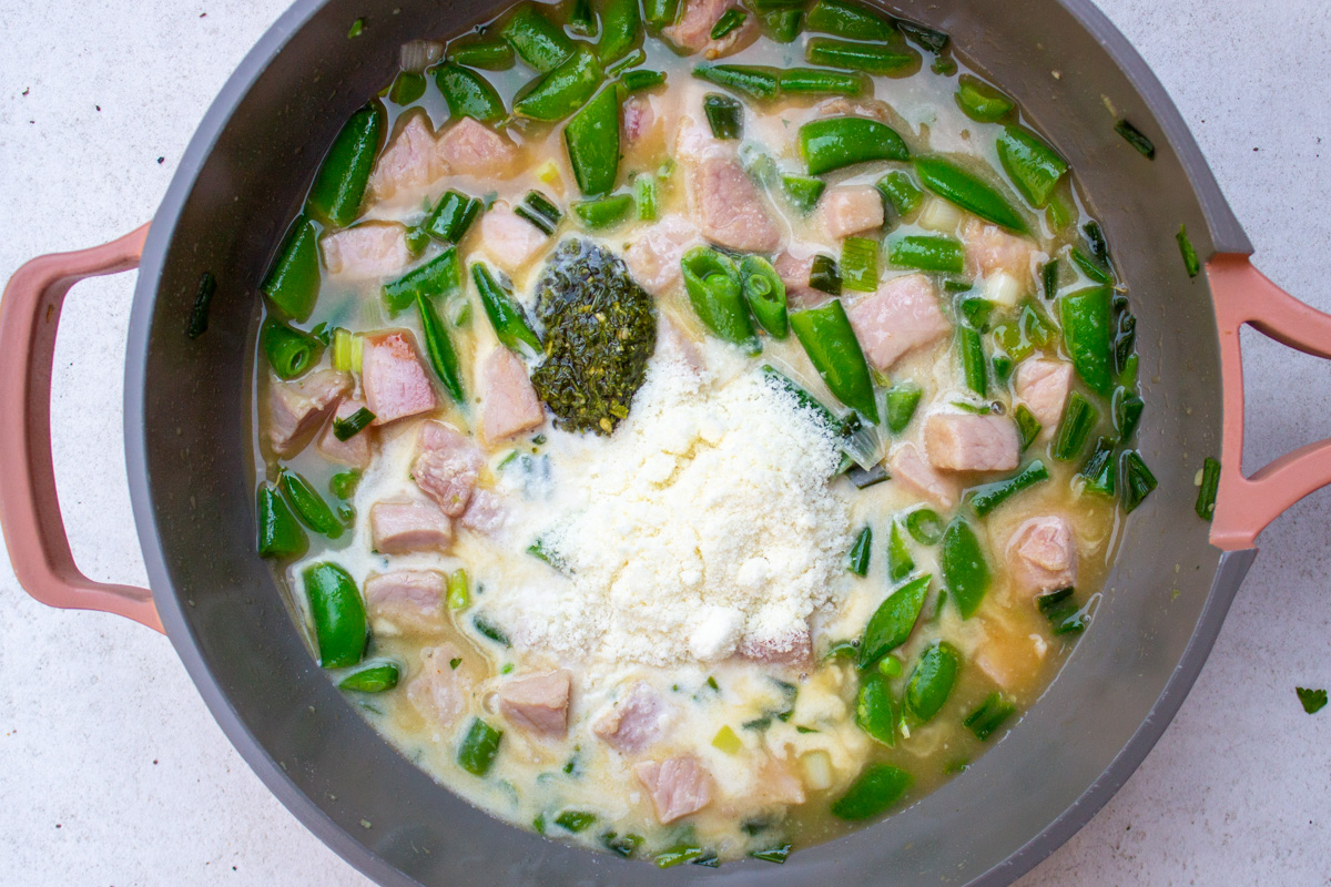 ham, veggies, sauce, cheese and pesto in skillet before mixing.