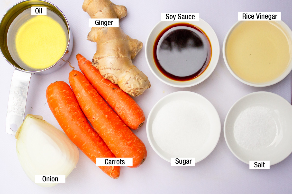 fresh ginger, carrots, rice vinegar, sugar soy sauce, oil, salt, onion.