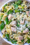 creamy pasta with peas and ham in bowl.
