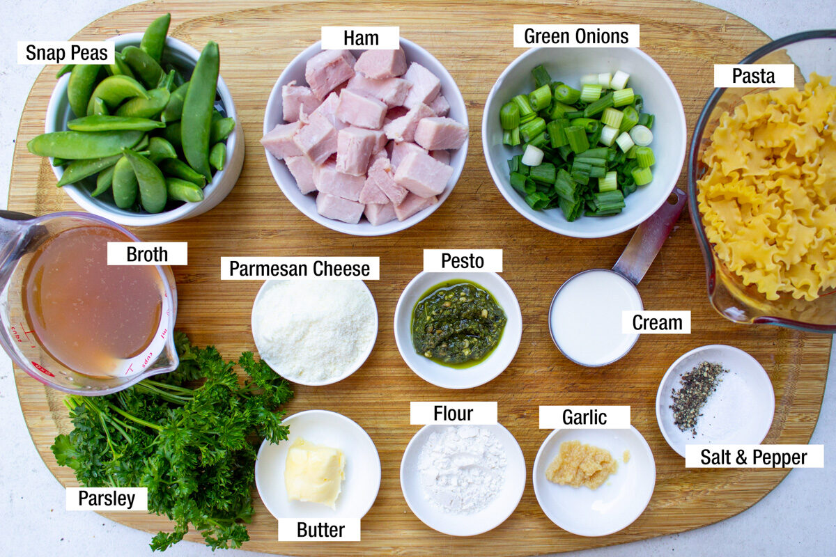 chopped ham, snap peas, green onions, flour, broth, garlic, pesto, parsley, parmesan cheese.