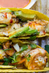 two hard shell coconut shrimp tacos with avocado, chili coconut sauce and slaw.