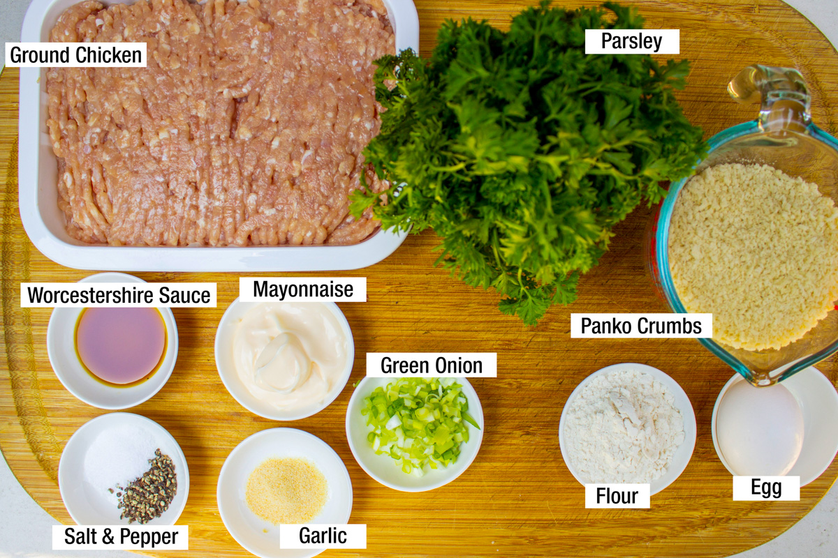 ground chicken, mayonnaise, garlic, salt & pepper, green onion, Worcestershire sauce, panko, egg, flour, parsley.