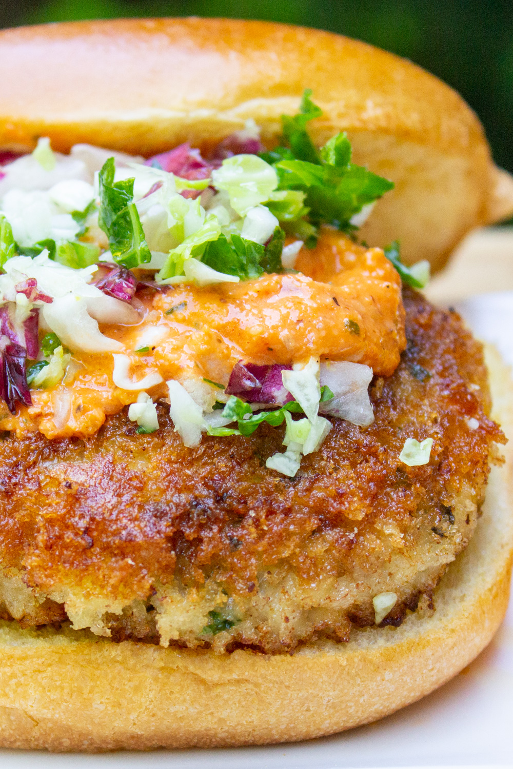 crispy chicken burger on bun with red pepper sauce and coleslaw on top.