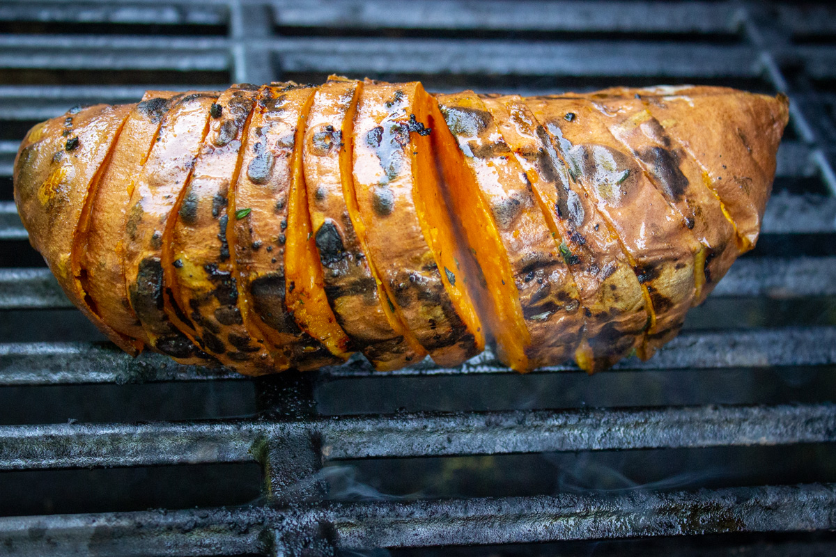 hasselback sweet potato on grill.