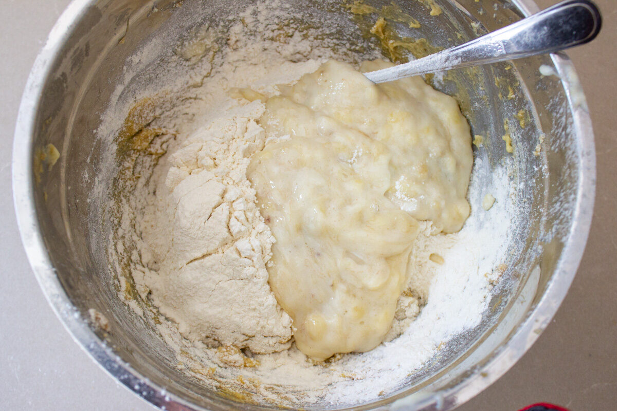 all ingredients in bowl blending to make batter.