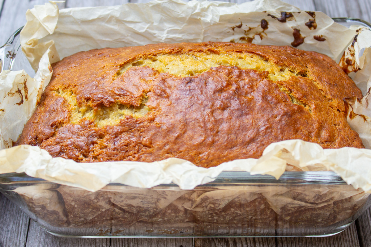 baked banana bread in loaf pan.