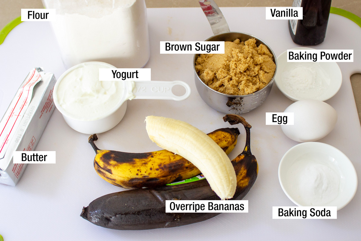 overripe bananas, sour cream, sugar, flour, baking soda and powder, brown sugar, butter, egg, vanilla.