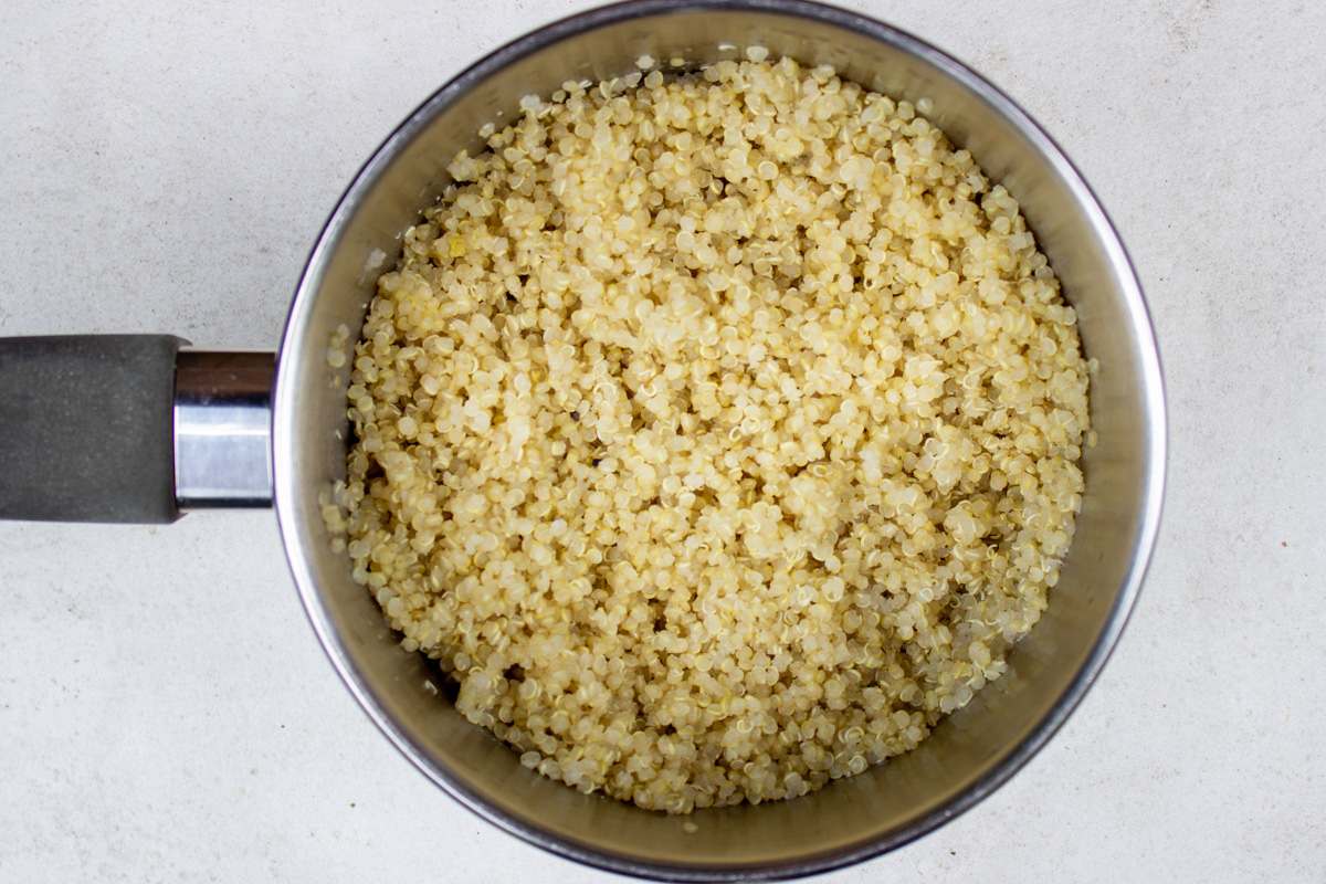 cooked quinoa in small pot.
