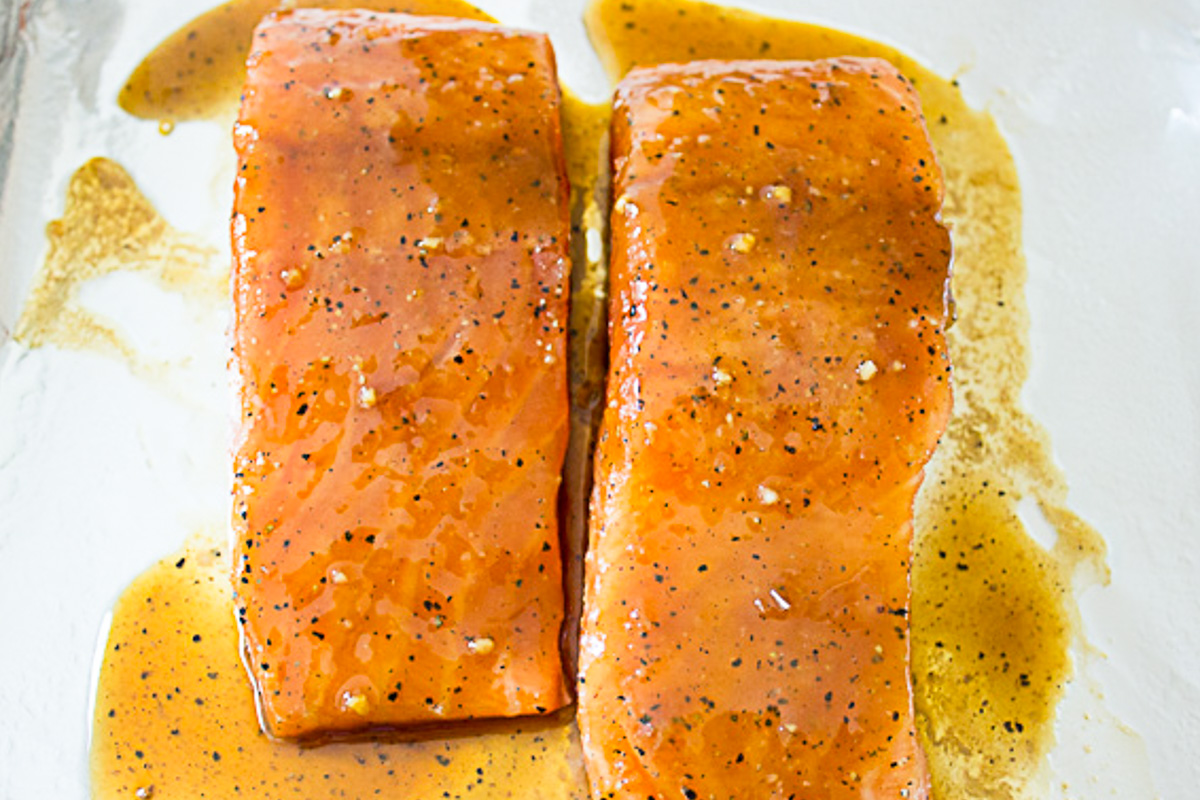 salmon fillets with maple, soy, ginger marinade.