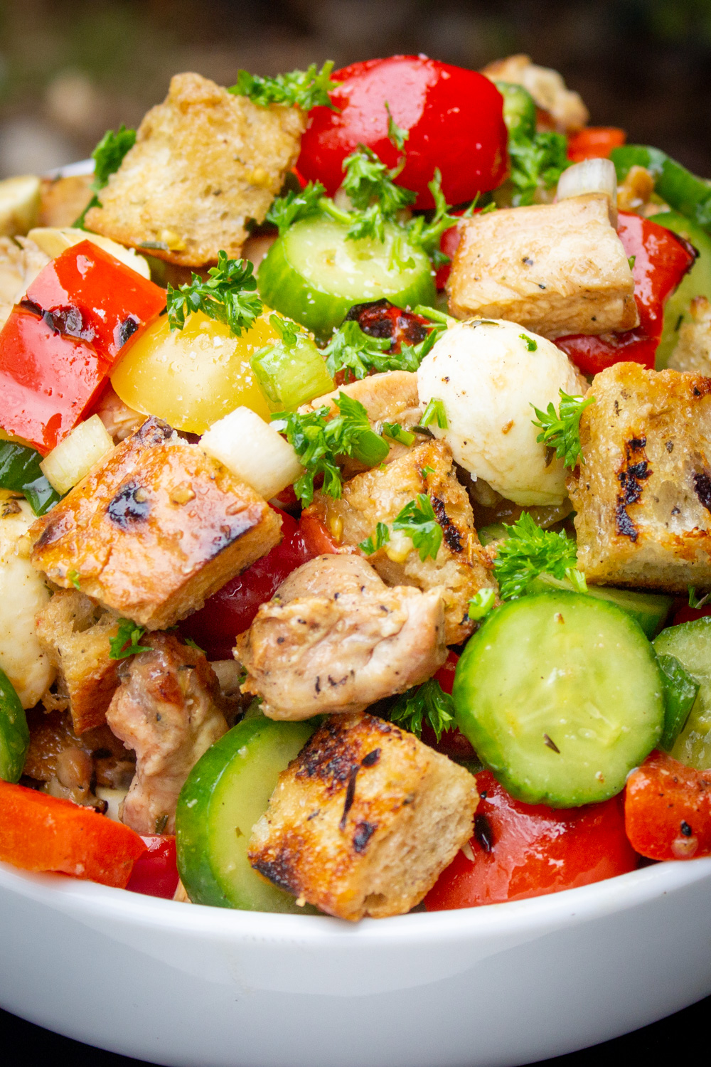 panzanella tuscana salad with grilled chicken in white bowl. 