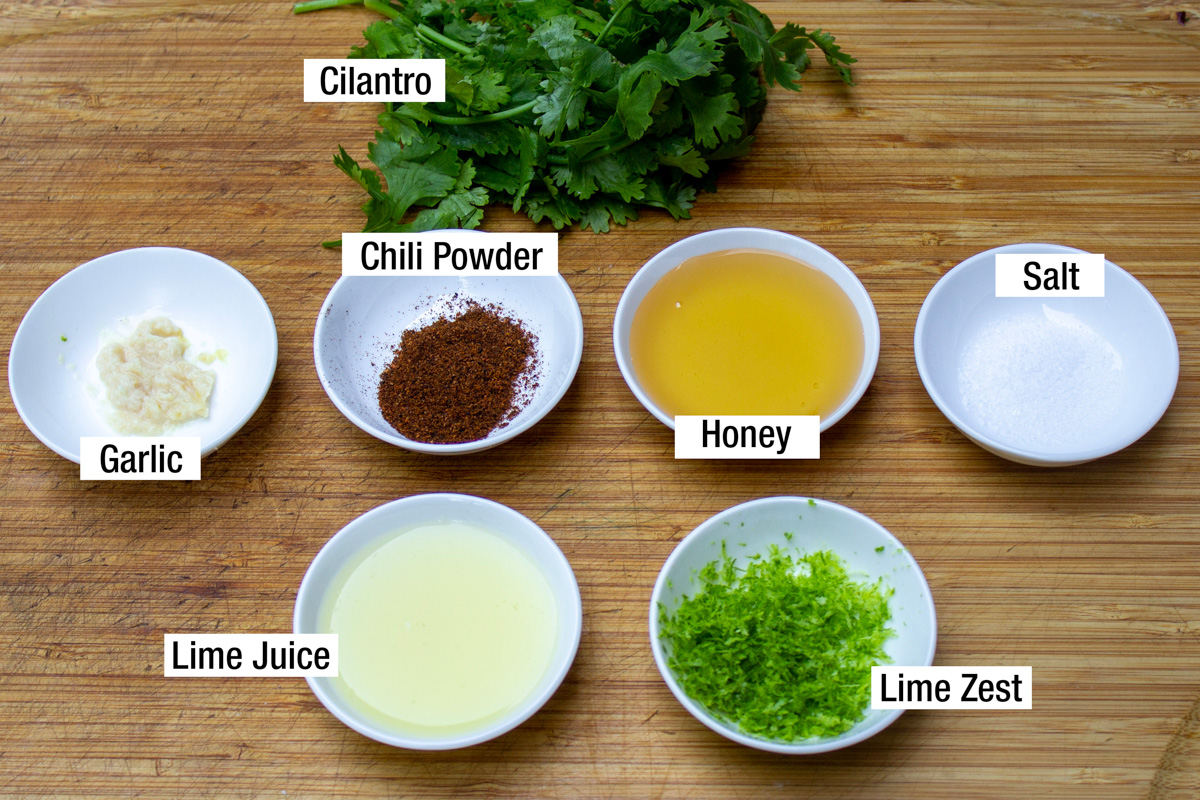 glaze ingredients: chili powder, honey, lime zest, salt, cilantro.