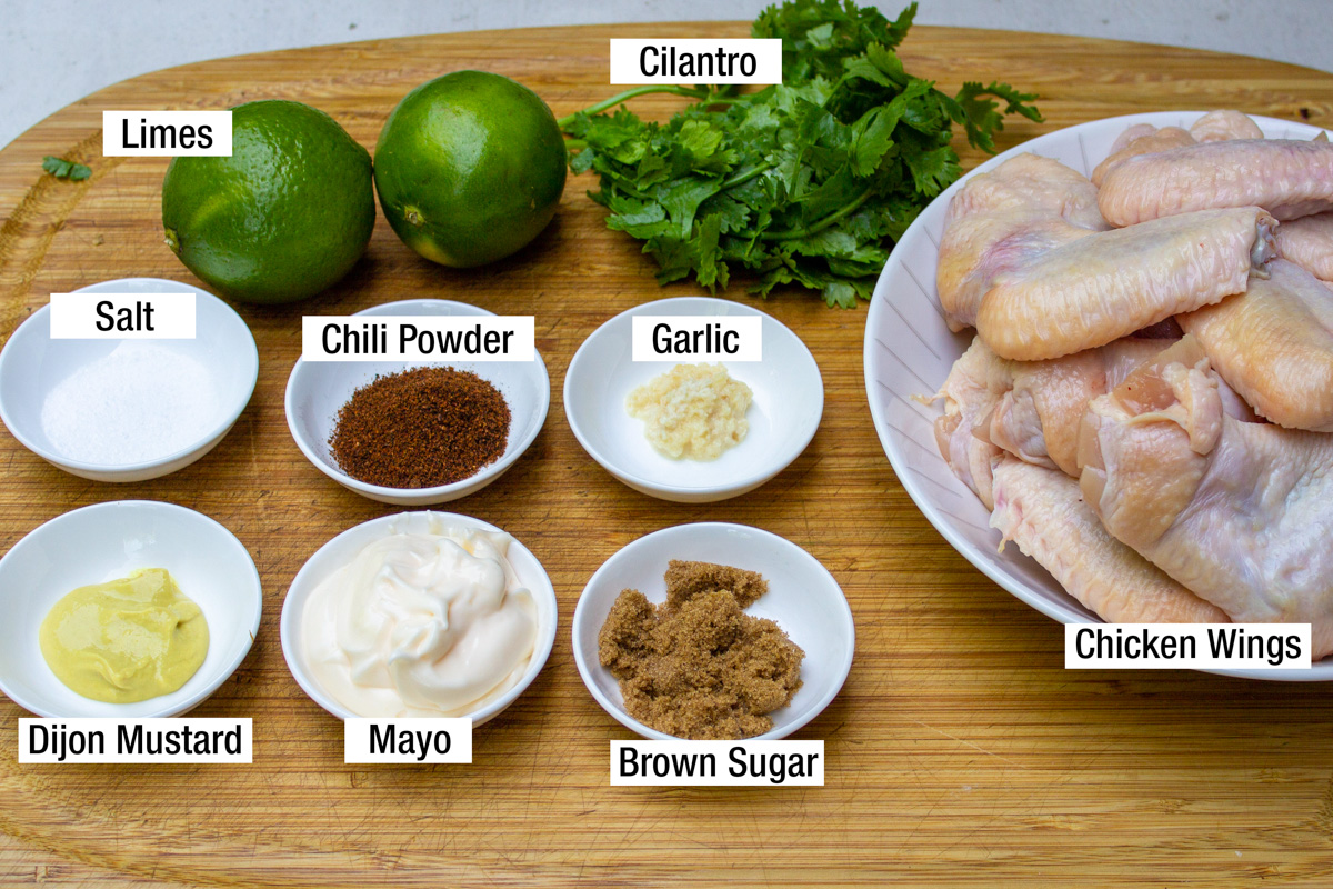 chicken wings, brown sugar, mayo, dijon, chili powder, limes, cilantro, salt, garlic.