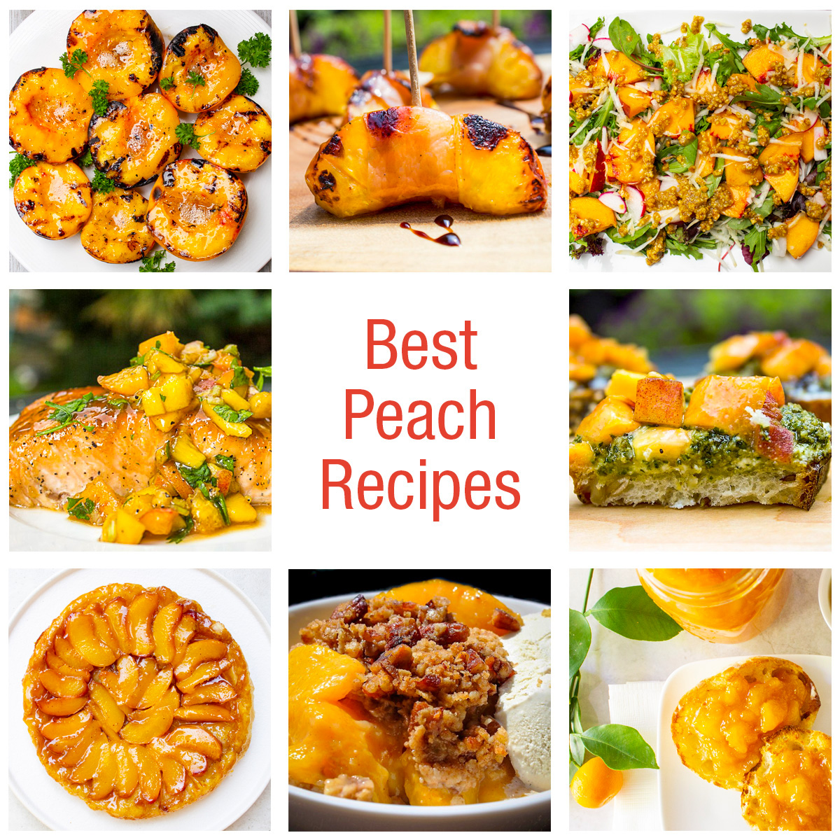 collage of 8 peach recipes.