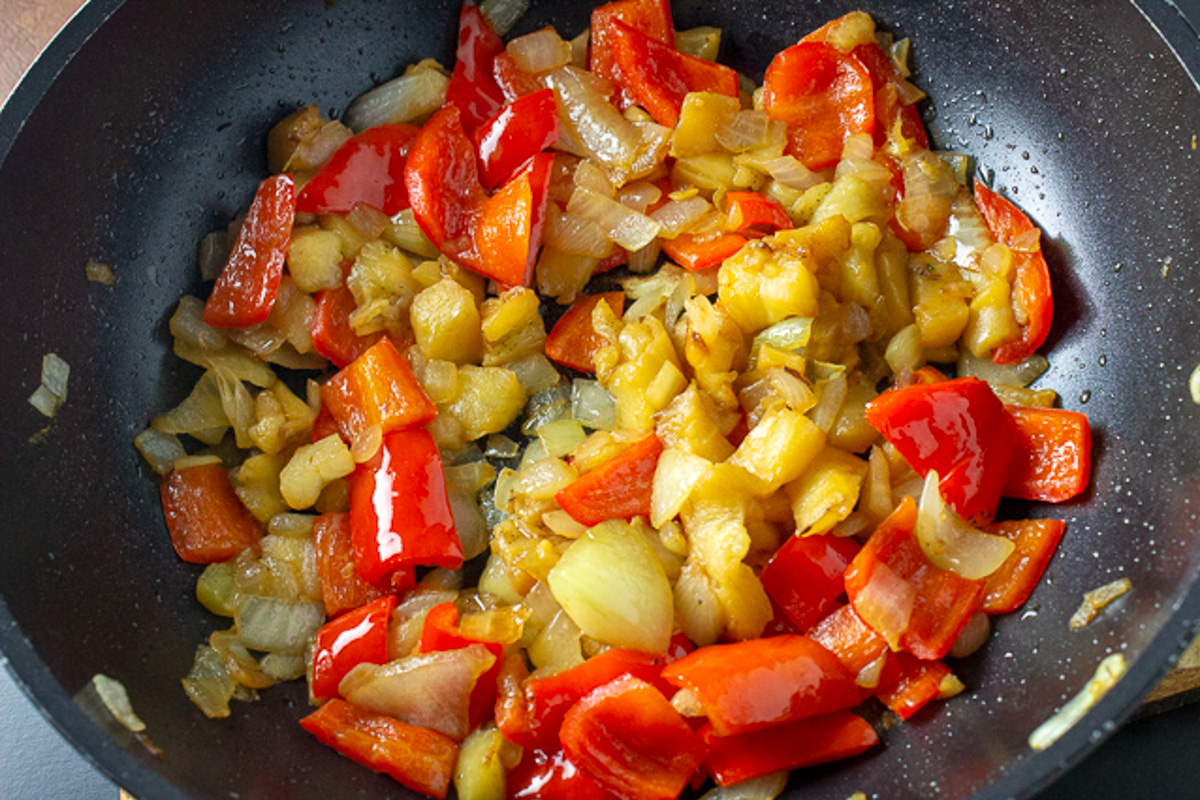 sauteed chopped veggies in skillet. 