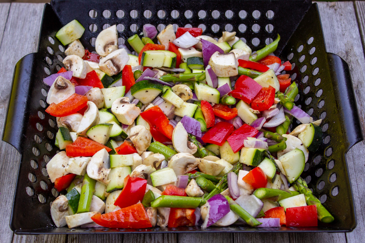 diced fresh vegetables in grill pan.