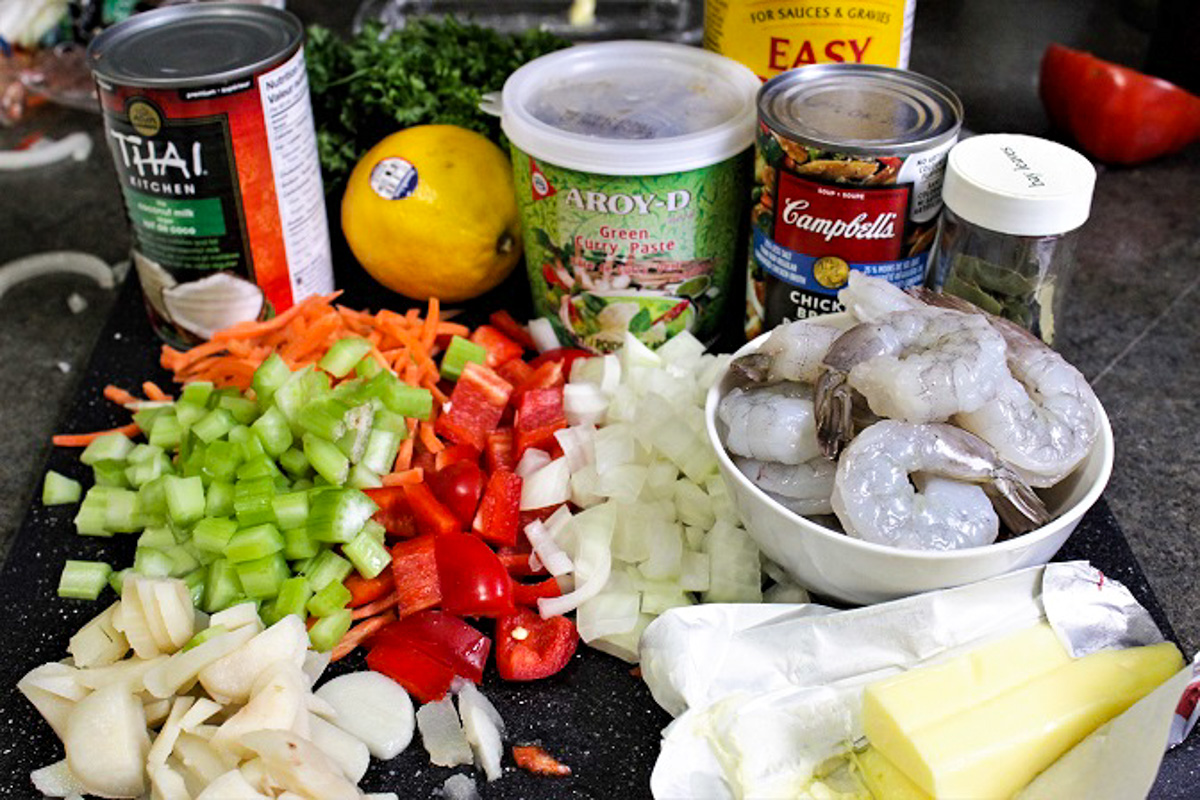 shrimp, celery, carrots, onions, potato, red pepper, lemon, coconut milk, curry paste, butter, flour, chicken broth, seasonings.