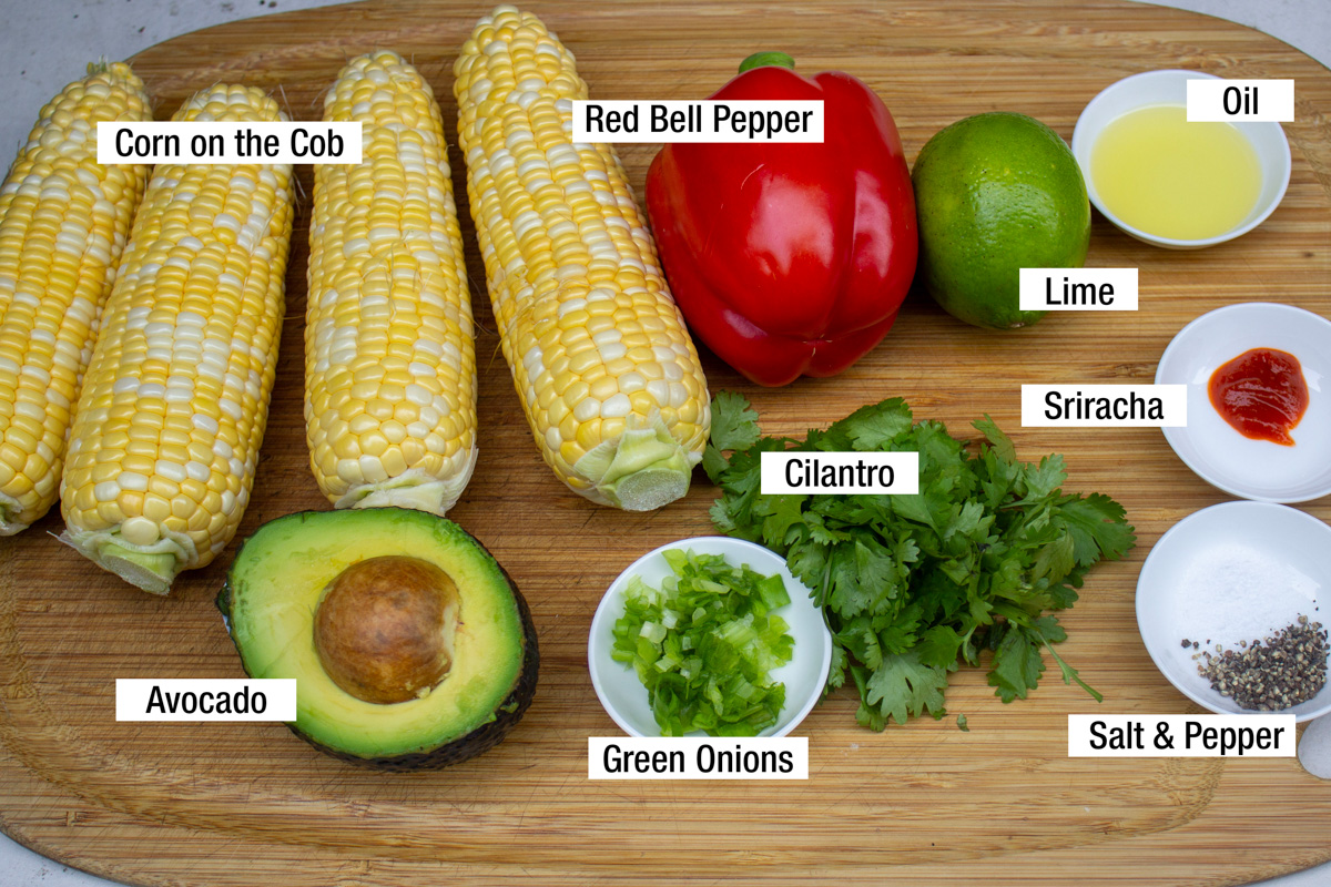 4 corn on cob, avocado, cilantro, green onions, 1 red pepper, lime. sriracha, oil, salt, pepper.