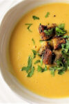 spiced butternut squash soup with crouton and cilantro garnish in bowl.
