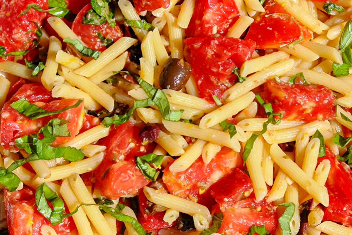 marinated tomatoes and seasonings combined with pasta. 