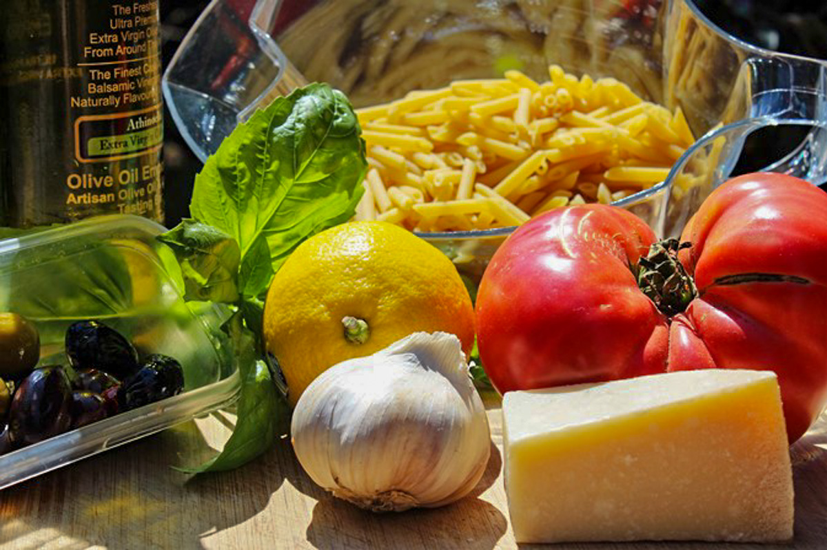 penne, basil, lemon, olives, tomato, garlic, parmesan, olive oil