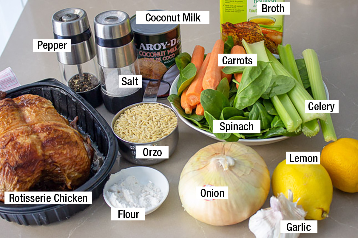 rotisserie chicken, orzo, coconut milk, onion, lemon, garlic, flour, celery, carrots, spinach, broth, salt, pepper.