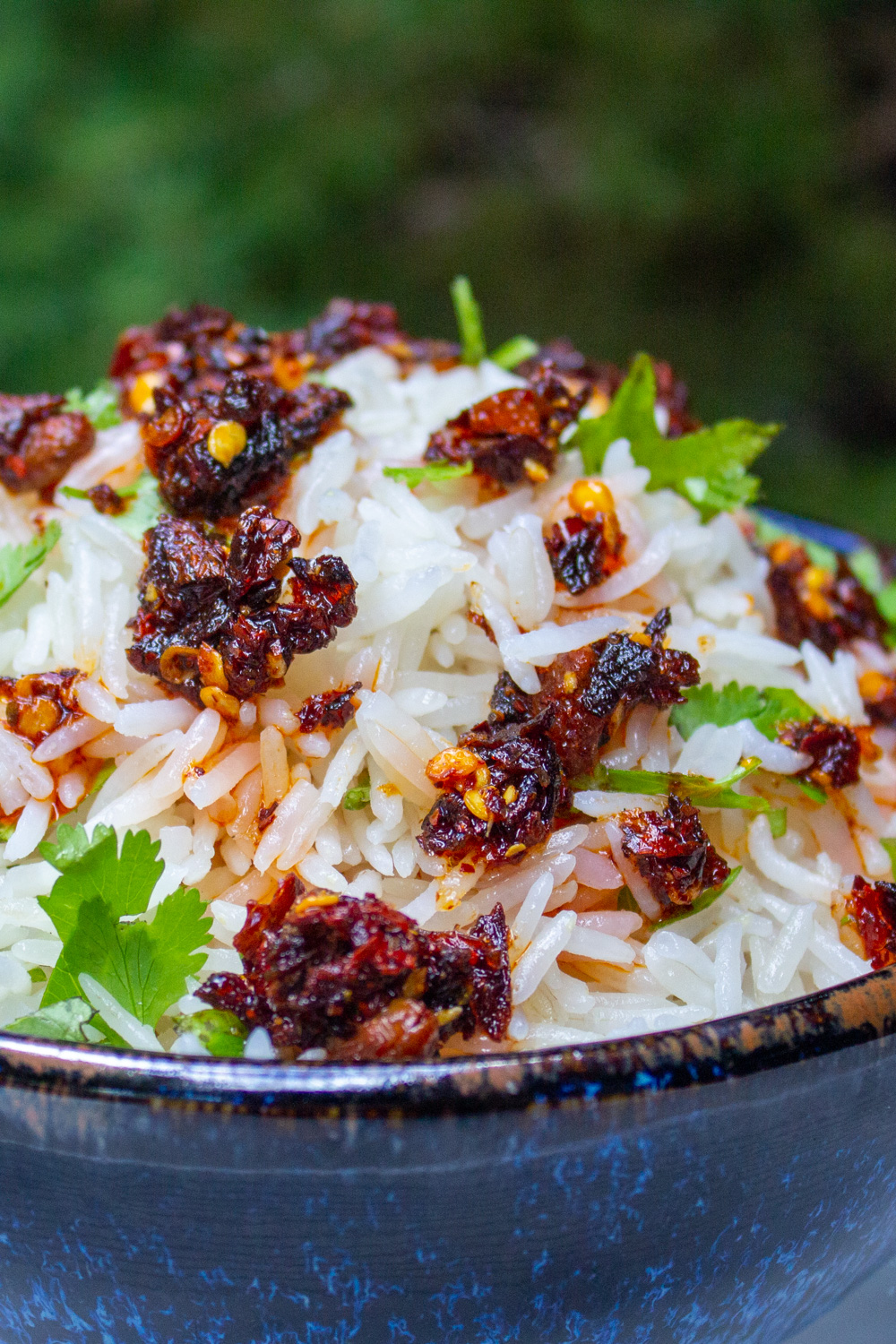 coconut jasmine rice with cilantro and chili crisps in bowl.