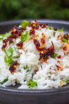 coconut jasmine rice with cilantro and chili crisps on a plate.