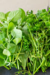 variety of fresh herbs piled on table.