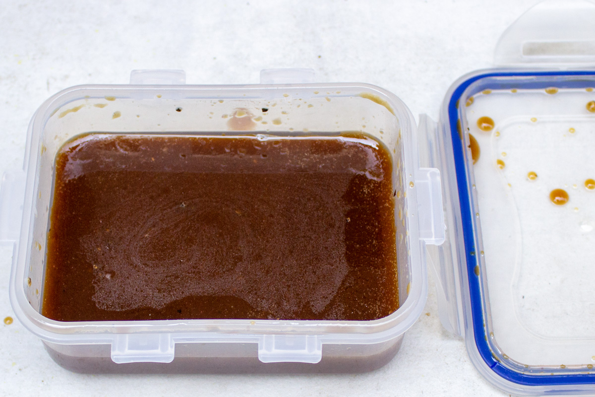 maple balsamic dressing in an airtight plastic container. 