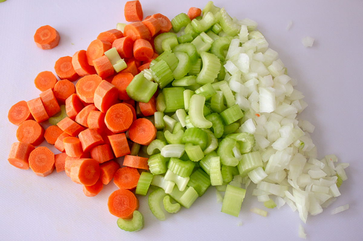 diced onions, celery, carrots on cutting board.
