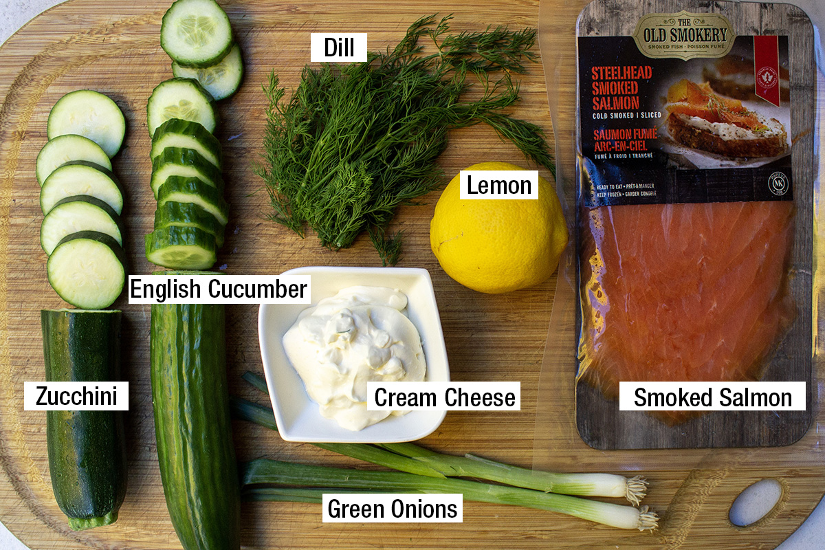 english cucumber, zucchini, smoked salmon, cream cheese, dill, lemon, green onions.