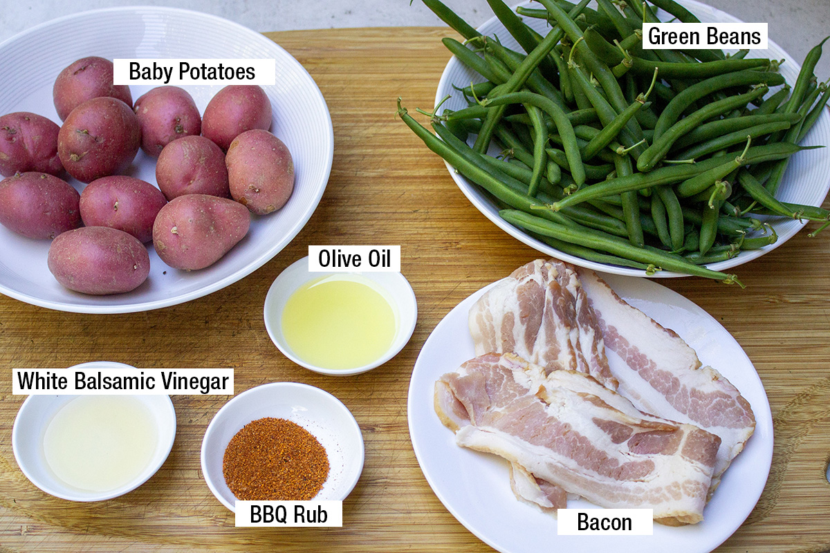 baby potatoes, green beans, bacon, olive oil, BBQ rub, white balsamic vinegar.