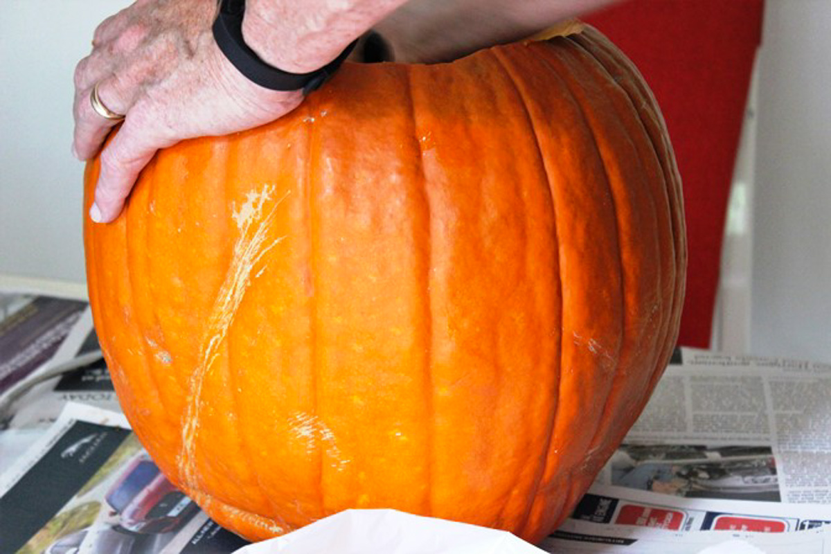 cutting the top off a pumpkin. 